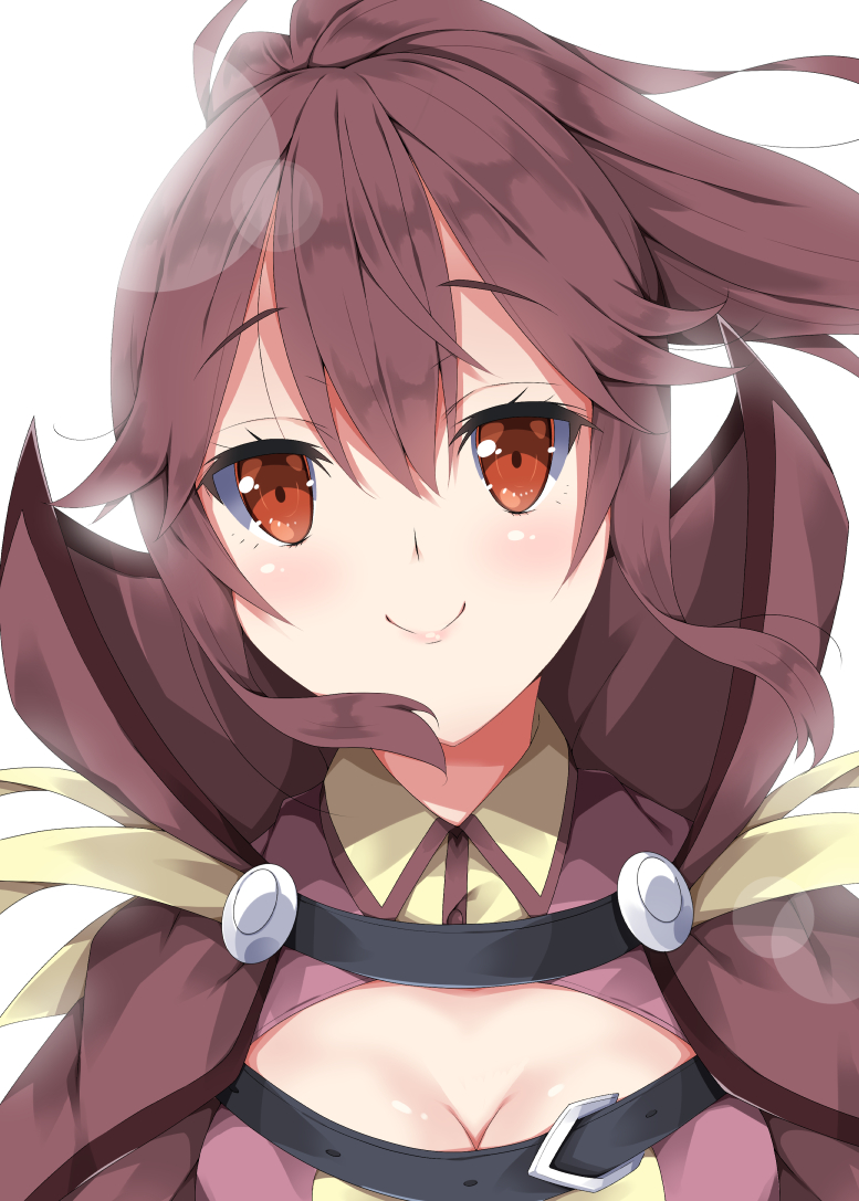 1girl anna_(fire_emblem) bangs blush breasts brown_eyes brown_hair brown_jacket cleavage closed_mouth commentary_request eyebrows_visible_through_hair fire_emblem fire_emblem:_kakusei hair_between_eyes head_tilt high_collar high_ponytail jacket long_hair looking_at_viewer medium_breasts milkpanda open_clothes open_jacket ponytail portrait sidelocks simple_background smile solo white_background