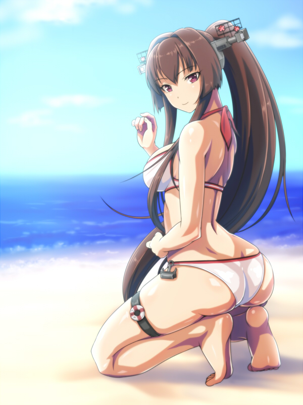 1girl anchor anime_coloring ass beach bikini breasts brown_hair day hair_intakes kantai_collection kneeling large_breasts long_hair looking_at_viewer looking_back monteriakitto ocean outdoors panties ponytail sidelocks skindentation solo swimsuit thigh_strap underwear very_long_hair violet_eyes white_bikini white_panties yamato_(kantai_collection)