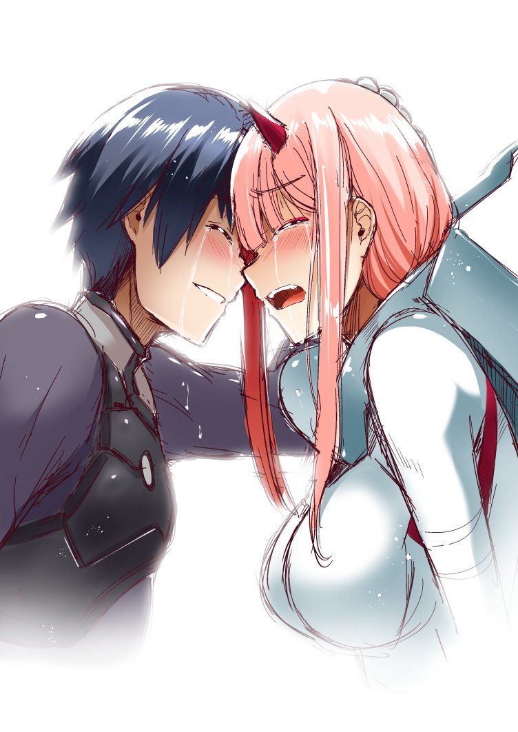 1boy 1girl black_hair blush closed_eyes couple crying darling_in_the_franxx face-to-face hiro_(darling_in_the_franxx) horns long_hair nekoi_hikaru pilot_suit pink_hair short_hair zero_two_(darling_in_the_franxx)