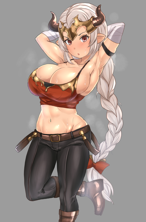 1girl :o aliza_(granblue_fantasy) arm_strap armpits arms_behind_head arms_up bandage bandaged_arm belt belt_buckle black_pants blush boots bow braid breasts brown_footwear buckle bursting_breasts cleavage collarbone feet_out_of_frame granblue_fantasy grey_background hair_bow horns knee_boots large_breasts leg_up long_hair looking_at_viewer navel open_mouth pants pointy_ears red_bow red_eyes shiny shiny_skin silver_hair simple_background single_braid solo standing standing_on_one_leg steaming_body stomach sweat tomliat very_long_hair