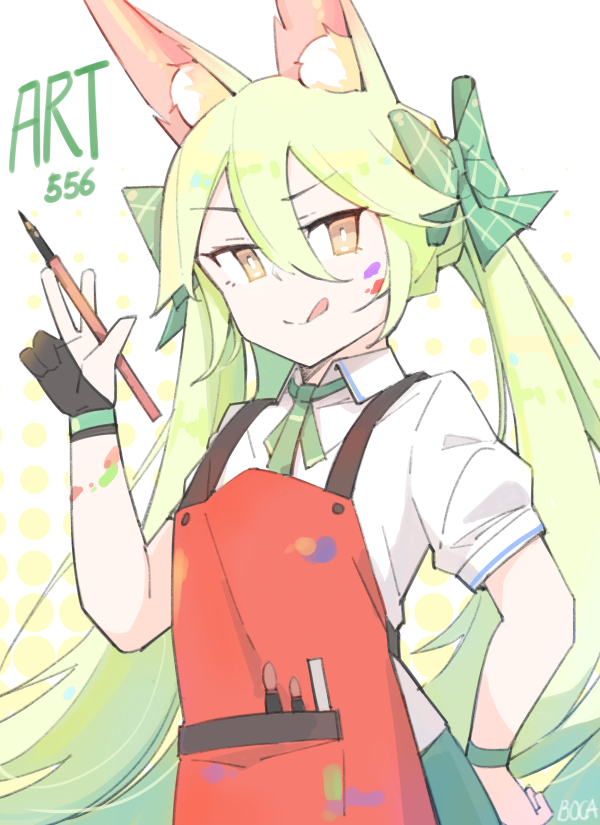 1girl :q animal_ears apron art556_(girls_frontline) bangs black_gloves boca bolo_tie bow breasts brown_eyes character_name closed_mouth collared_shirt commentary_request dot_nose eyebrows_visible_through_hair fox_ears fox_girl girls_frontline gloves green_bow green_hair green_neckwear hair_between_eyes hair_bow hand_on_hip hand_up korean_commentary long_hair looking_at_viewer paint_on_clothes paint_on_face paint_stains paintbrush parted_bangs partly_fingerless_gloves plaid plaid_bow pocket puffy_short_sleeves puffy_sleeves red_apron shirt short_sleeves signature simple_background single_glove small_breasts smile solo tongue tongue_out twintails upper_body v-shaped_eyebrows very_long_hair white_background white_pupils white_shirt wing_collar