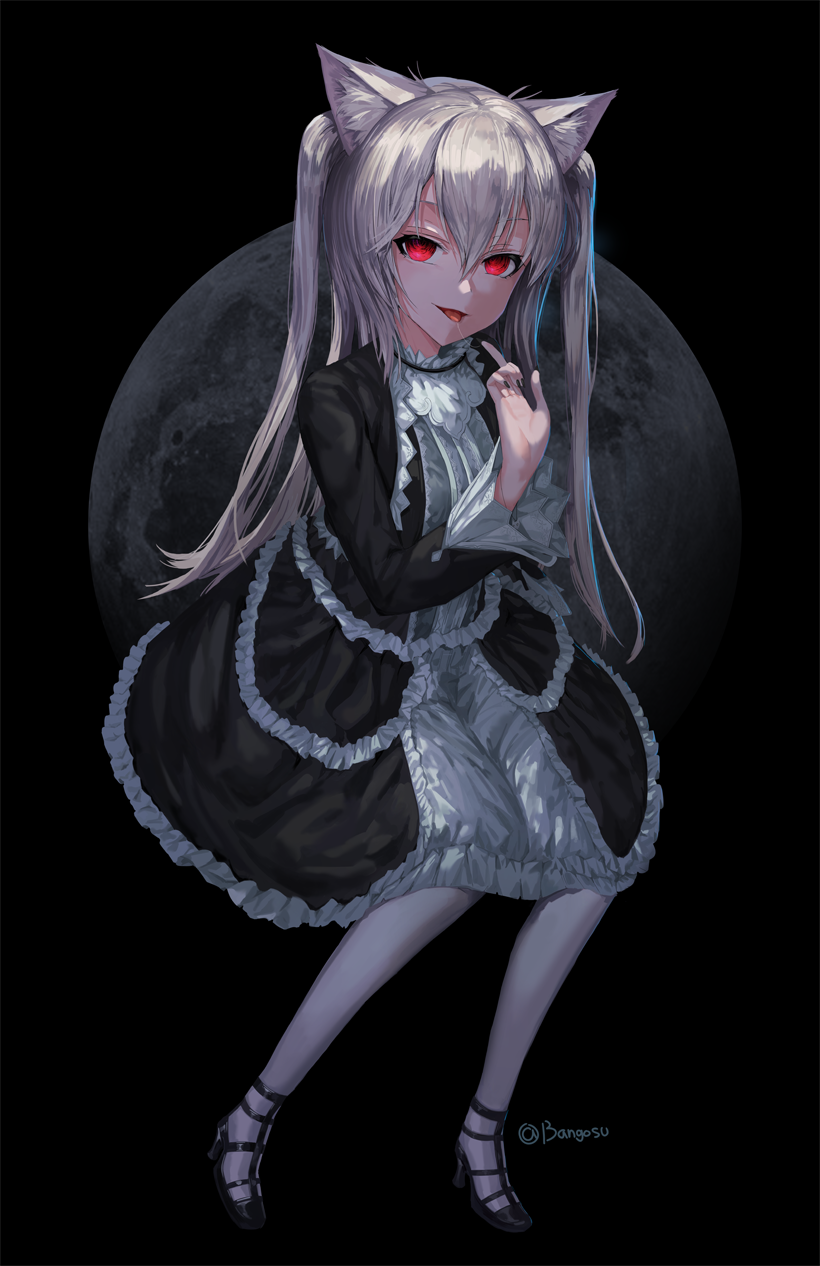 1girl animal_ears bangosu bangs black_background black_dress black_footwear black_jacket black_nails cape cat_ears cropped_jacket dress empty_eyes frilled_dress frills full_moon hair_between_eyes hand_up high_heels highres index_finger_raised jacket long_hair long_sleeves moon nail_polish nora_cat nora_cat_channel open_clothes open_jacket open_mouth palms pantyhose red_eyes saliva saliva_trail shoes silver_hair smile solo straight_hair twitter_username two_side_up virtual_youtuber white_legwear