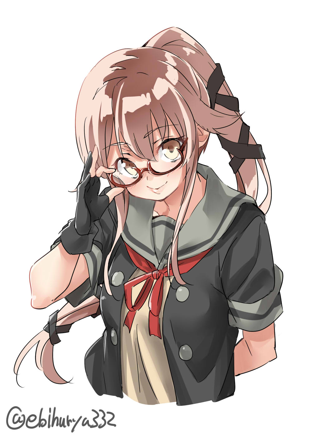 1girl bespectacled black_gloves black_jacket ebifurya glasses gloves grey_sailor_collar grey_skirt hair_flaps highres jacket kantai_collection long_hair looking_at_viewer neck_ribbon partly_fingerless_gloves pink_hair ponytail red-framed_eyewear red_ribbon remodel_(kantai_collection) ribbon sailor_collar school_uniform semi-rimless_eyewear serafuku short_sleeves simple_background skirt solo twitter_username under-rim_eyewear upper_body very_long_hair white_background yellow_eyes yura_(kantai_collection)