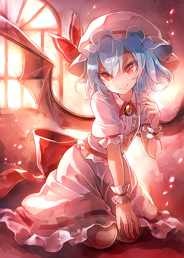 &gt;:) 1girl 60mai bat_wings blue_hair brooch commentary_request dress hair_between_eyes hand_up hat hat_ribbon head_tilt jewelry looking_at_viewer mob_cap nail_polish pink_dress pink_hat puffy_short_sleeves puffy_sleeves red_eyes red_nails red_ribbon red_sash remilia_scarlet ribbon sash seiza short_sleeves sitting smile solo touhou v-shaped_eyebrows window wing_collar wings wrist_cuffs