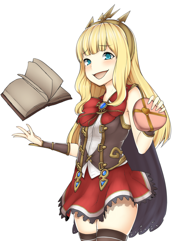 1girl :d aqua_eyes bangs black_cape black_legwear blonde_hair blunt_bangs blush book bow cagliostro_(granblue_fantasy) cape cowboy_shot floating_book granblue_fantasy hairband heart long_hair looking_at_viewer moshi_(atelier33-4) open_mouth red_bow red_skirt simple_background skirt sleeveless smile solo thigh-highs troll_face vambraces white_background zettai_ryouiki