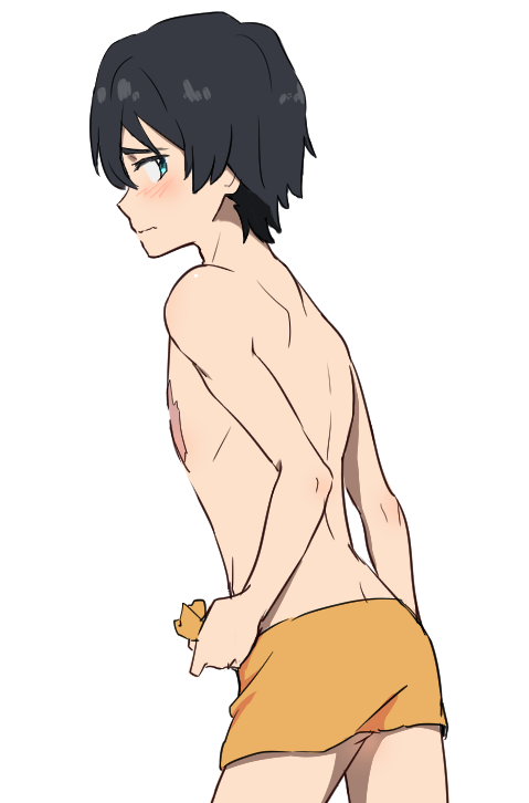 1boy black_hair blue_eyes blush darling_in_the_franxx hiro_(darling_in_the_franxx) holding holding_towel k_016002 male_focus scar shirtless short_hair solo towel