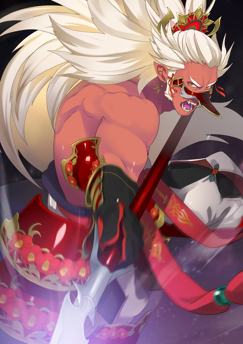 1boy armor attacking_viewer fangs highres japanese_armor long_hair male_focus mask open_mouth orange_eyes original pointy_ears polearm ponytail red_skin samurai10932 sideburns solo spear weapon white_hair yari