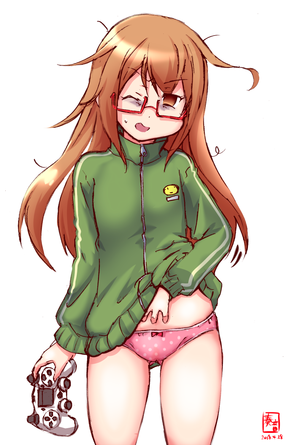 1girl ass_visible_through_thighs bags_under_eyes brown_eyes brown_hair commentary_request controller cowboy_shot dated game_controller glasses green_jacket highres jacket jacket_lift kanon_(kurogane_knights) kantai_collection logo long_hair looking_at_viewer messy_hair mochizuki_(kantai_collection) one_eye_closed panties pink_panties polka_dot polka_dot_panties red-framed_eyewear semi-rimless_eyewear simple_background solo standing track_jacket under-rim_eyewear underwear white_background