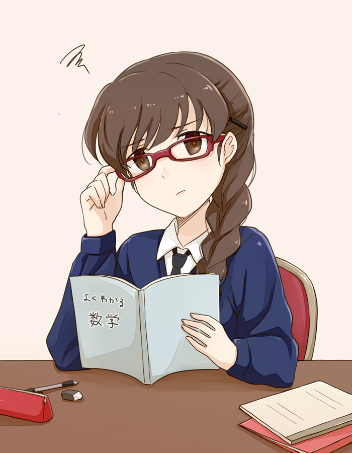 1girl book braid brown_eyes brown_hair eraser girls_und_panzer glasses hair_ornament hairclip pencil red_glasses rukuriri single_braid st._gloriana's_school_uniform studying viscount_shishamo