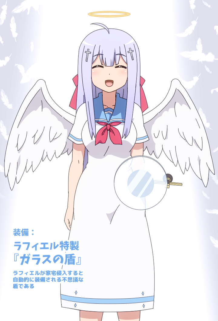 1girl ^_^ angel angel_wings bangs blue_sailor_collar bow breasts closed_eyes commentary_request cowboy_shot cross_hair_ornament dress eyebrows_visible_through_hair facing_viewer feathered_wings feathers gabriel_dropout glass_cutter hair_bow hair_ornament halo long_hair medium_breasts neckerchief pink_bow pink_neckwear purple_hair sailor_collar sailor_dress shiraha_raphiel_ainsworth shirosato solo translation_request very_long_hair white_dress white_feathers white_wings wings