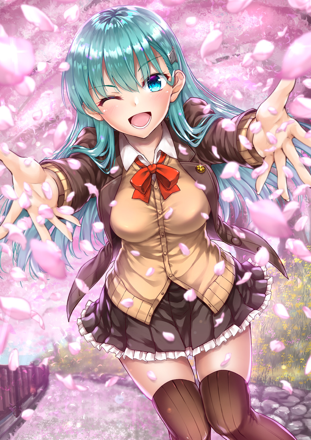 1girl ;d = akizuki_akina aqua_hair blue_eyes blush bow breasts brown_blazer brown_jacket brown_legwear brown_skirt cherry_blossoms collared_shirt foreshortening frilled_skirt frills hair_ornament hairclip highres jacket kantai_collection large_breasts long_hair long_sleeves one_eye_closed open_clothes open_jacket open_mouth outdoors pleated_skirt red_neckwear remodel_(kantai_collection) school_uniform shiny shiny_hair shirt skirt smile solo suzuya_(kantai_collection) thigh-highs white_shirt