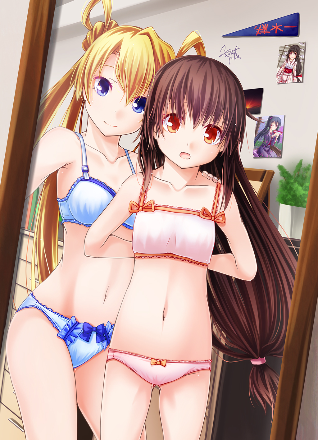 2girls abukuma_(kantai_collection) ayatsuri-doll black_hair blonde_hair blue_bra blue_eyes blue_panties bra breasts double_bun hair_between_eyes hair_rings hatsushimo_(kantai_collection) highres kantai_collection long_hair low-tied_long_hair mirror multiple_girls panties pink_bra pink_panties red_eyes reflection small_breasts training_bra twintails underwear