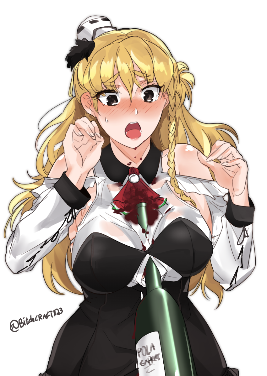 1girl alcohol ascot bangs bitchcraft123 black_eyes blonde_hair blush bottle braid breasts collared_shirt eyelashes hair_between_eyes hands_up highres kantai_collection large_breasts long_hair long_sleeves looking_down nose_blush off-shoulder_shirt off_shoulder open_mouth palms red_neckwear sexually_suggestive shirt side_braid simple_background single_braid sleeve_cuffs solo teeth thick_eyebrows tongue twitter_username white_background white_shirt wine wine_bottle zara_(kantai_collection)
