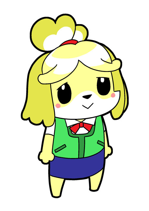 1girl :&gt; bkub bkub_(style) blue_skirt blush_stickers bow bowtie dog doubutsu_no_mori furry green_vest hairband multicolored_hair red_hairband red_neckwear shirt shizue_(doubutsu_no_mori) simple_background skirt smile solo standing topknot two-tone_hair vest white_background white_shirt yellow_fur