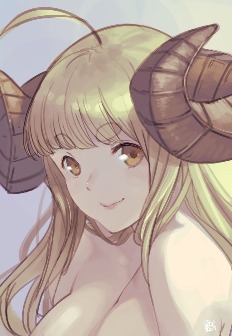 1girl ahoge anila_(granblue_fantasy) bangs blonde_hair breasts brown_eyes cleavage closed_mouth commentary_request curled_horns draph eyebrows_visible_through_hair granblue_fantasy horns large_breasts long_hair looking_at_viewer nude sheep_horns shimotsuki_eight short_eyebrows signature smile solo thick_eyebrows very_long_hair