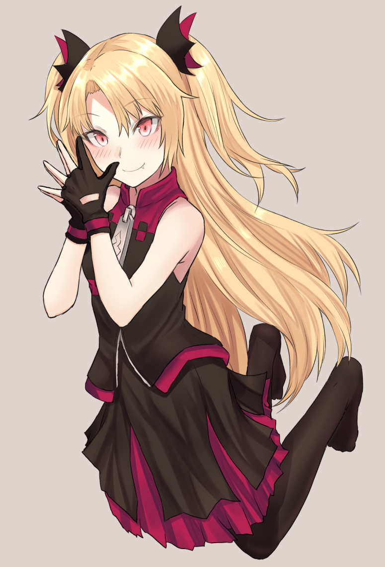 1girl akatsuki_yuni arms_up bangs bare_shoulders black_gloves black_legwear black_shirt black_skirt blonde_hair blush brown_background closed_mouth commentary_request eyebrows_visible_through_hair fang fang_out full_body gloves hair_between_eyes long_hair looking_at_viewer mizoredama no_shoes pantyhose partly_fingerless_gloves red_eyes shirt simple_background skirt sleeveless sleeveless_shirt smile solo steepled_fingers two_side_up uni_channel very_long_hair virtual_youtuber zipper_pull_tab