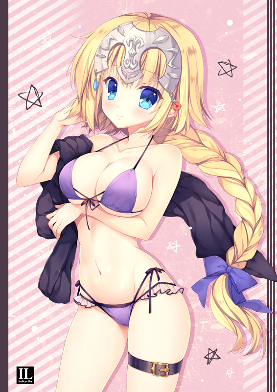 1girl bangs bare_arms bare_shoulders bikini blonde_hair blue_eyes blush bow braid breasts cleavage closed_mouth collarbone commentary_request eyebrows_visible_through_hair fate/grand_order fate_(series) hair_bow head_tilt headpiece jeanne_d'arc_(fate) jeanne_d'arc_(fate)_(all) large_breasts long_hair looking_at_viewer mitha purple_bikini purple_bow smile solo star swimsuit very_long_hair