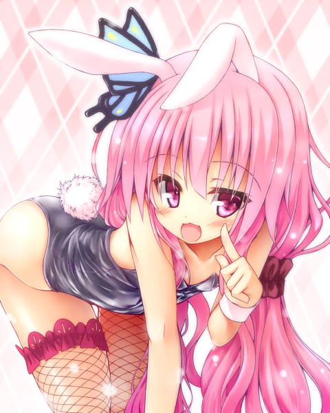 1girl :d animal_ears argyle argyle_background bare_shoulders black_leotard bunnysuit butterfly_hair_ornament cowboy_shot fishnet_legwear fishnets flower_knight_girl hair_ornament hair_scrunchie hanamomo_(flower_knight_girl) leaning_forward leotard light_particles long_hair looking_at_viewer maou_mikage open_mouth pink_background pink_eyes pink_hair rabbit_ears scrunchie smile solo thigh-highs
