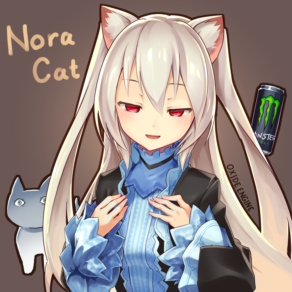 1girl :d al_bhed_eyes animal_ears artist_name bangs black_jacket blush brown_background can cat cat_ears character_name cropped_jacket eyebrows eyebrows_visible_through_hair hair_between_eyes half-closed_eyes hands_on_own_chest hands_up jacket long_hair long_sleeves monster_energy nora_cat nora_cat_channel open_clothes open_jacket open_mouth red_eyes silver_hair smile solo straight_hair tomonao turtleneck two_side_up upper_body virtual_youtuber wide_sleeves