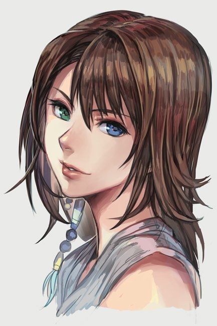 1girl bangs blue_eyes brown_hair face final_fantasy final_fantasy_x green_eyes hair_ornament hankuri heterochromia japanese_clothes jewelry lips looking_at_viewer medium_hair parted_lips portrait simple_background smile solo white_background yuna_(ff10)