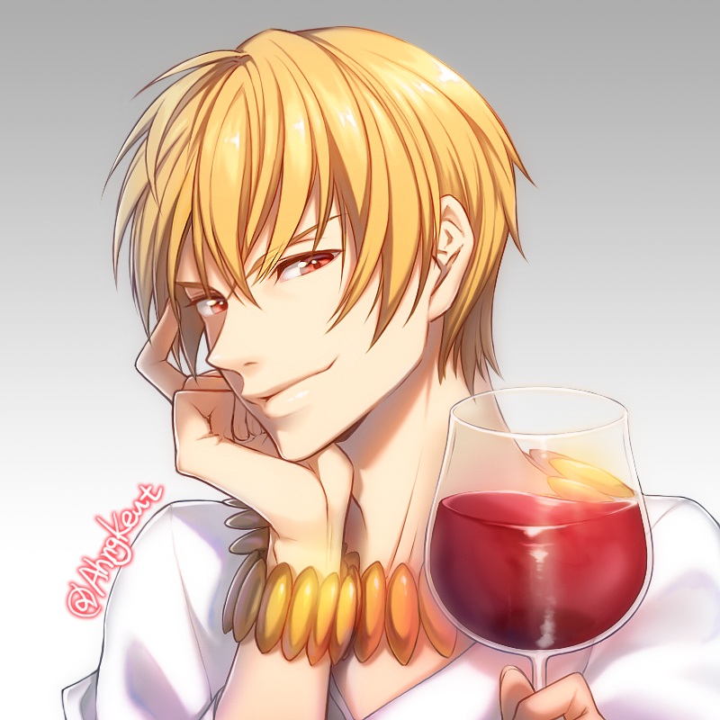 1girl ahngkeut alcohol bangs blonde_hair bracelet closed_mouth cup drinking_glass fate/zero fate_(series) gilgamesh gradient gradient_background grey_background hand_on_own_cheek holding holding_drinking_glass jewelry male_focus necktie red_eyes shiny shiny_hair shirt smile solo twitter_username upper_body v-shaped_eyebrows white_shirt wine wine_glass