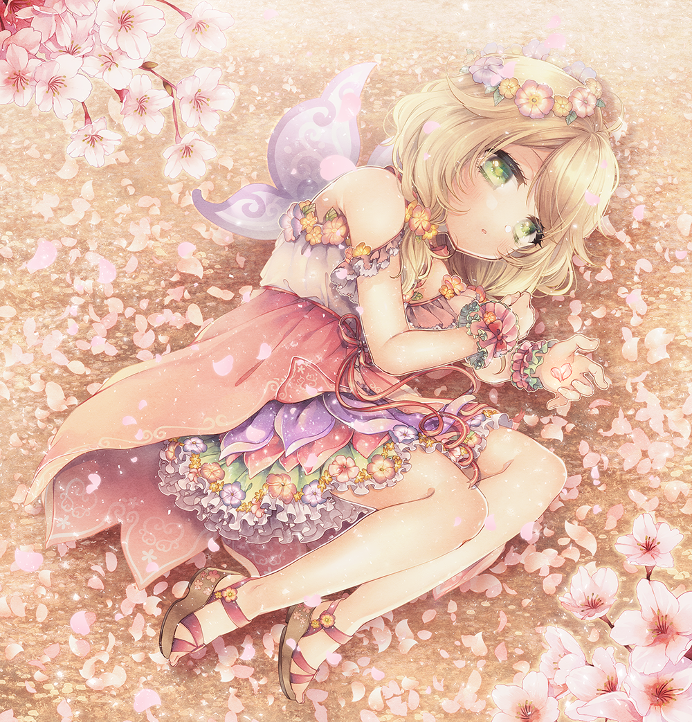 1girl ahoge bangs bare_legs bare_shoulders blonde_hair blush bow cherry_blossoms clenched_hand dress eyebrows_visible_through_hair eyelashes fairy_wings fake_wings flower frilled_skirt frills full_body green_eyes ground hair_flower hair_ornament head_wreath holding idolmaster idolmaster_cinderella_girls idolmaster_cinderella_girls_starlight_stage layered_skirt leaf looking_at_viewer low_twintails lying medium_hair messy_hair multicolored multicolored_clothes multicolored_dress multicolored_skirt on_ground on_side open_mouth outdoors petals pink_flower platform_footwear pleated_skirt purple_flower red_bow red_ribbon ribbon sandals shiny shiny_skin short_sleeves skirt solo spaghetti_strap strap_slip swept_bangs tsukudato twintails two-tone_dress wings wrist_bow wrist_cuffs yellow_flower yusa_kozue