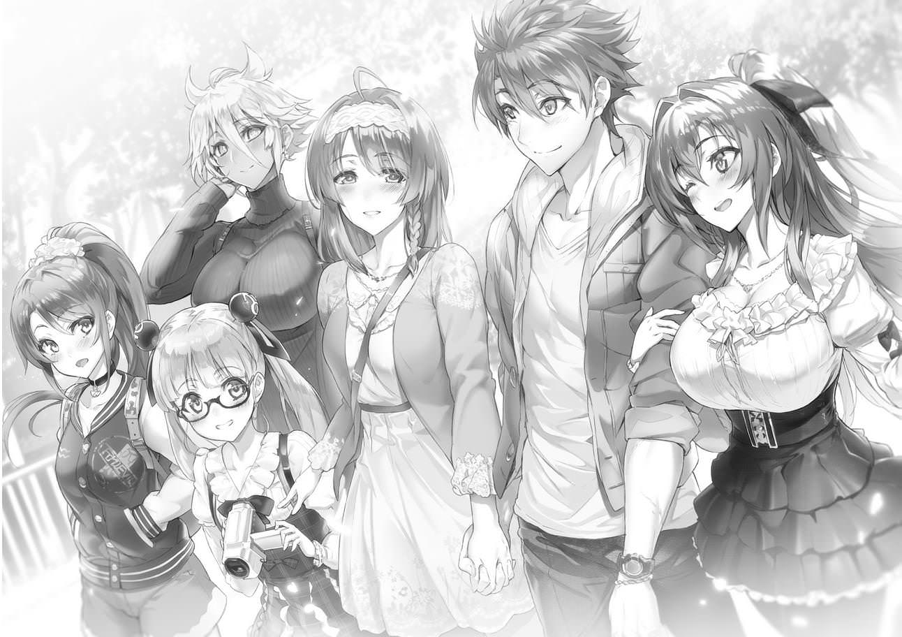 1boy 5girls ;d ahoge arm_grab blush breasts camera choker cleavage corset dress eyebrows_visible_through_hair floating_hair glasses greyscale hair_between_eyes hair_ornament hair_scrunchie hairband hand_holding hand_in_hair hands_in_pockets head_tilt high_ponytail holding holding_camera huge_breasts interlocked_fingers jacket jewelry layered_skirt long_hair medium_breasts miniskirt monochrome multiple_girls naruse_maria naruse_mio necklace nonaka_kurumi nonaka_yuki novel_illustration official_art one_eye_closed ookuma_(nitroplus) open_clothes open_jacket open_mouth pants scrunchie shinmai_maou_no_testament short_dress short_hair skirt small_breasts smile spiky_hair standing sundress sweater toujou_basara very_long_hair watch watch zest
