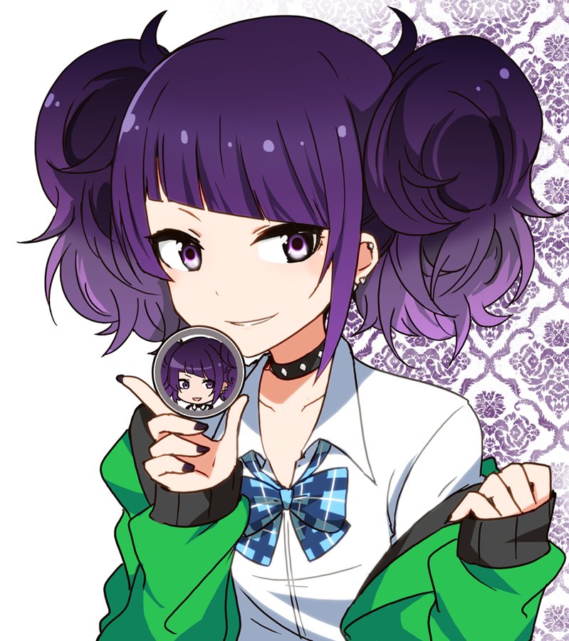 bow chibi green_jacket idolmaster idolmaster_shiny_colors jacket jewelry kidachi long_hair looking_at_viewer nail_polish necklace photo pin purple_hair shirt simple_background smile solo tanaka_mamimi twintails violet_eyes white_shirt