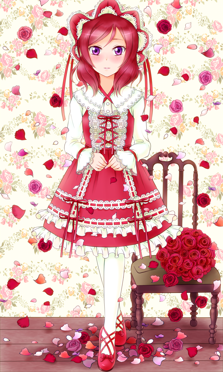 1girl blush bonnet bouquet chair cross-laced_clothes cross-laced_footwear dress floral_background flower frilled_dress frills full_body highres hiro9779 lace lace-trimmed_dress lolita_fashion long_sleeves looking_at_viewer love_live! love_live!_school_idol_project medium_hair nishikino_maki pantyhose petals pink_flower pink_rose red_dress red_flower red_footwear red_ribbon red_rose redhead ribbon ribbon-trimmed_dress ribbon_trim rose rose_petals solo standing violet_eyes white_legwear wooden_floor