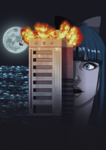 1girl bangs blue_hair blunt_bangs bow building bungee_jumping city die_hard explosion full_moon hair_bow long_hair moon official_art open_mouth parody pipimi poptepipic red_bow sign silhouette surprised window