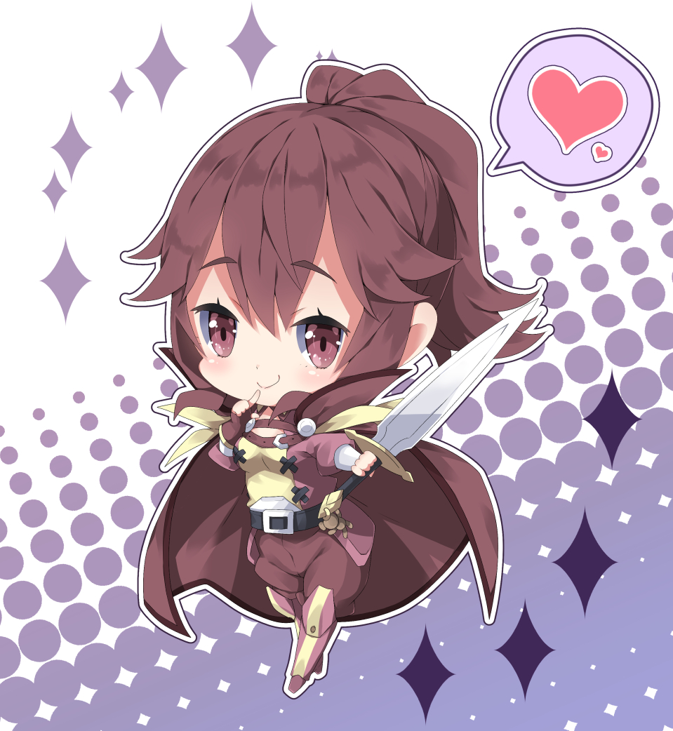 anna_(fire_emblem) armored_boots bangs blush boots breasts brown_cape brown_eyes brown_gloves brown_hair brown_jacket brown_shorts chibi closed_mouth commentary_request eyebrows_visible_through_hair fingerless_gloves fire_emblem fire_emblem:_kakusei gloves hair_between_eyes halftone halftone_background heart high_ponytail holding holding_sword holding_weapon indoors jacket knee_boots long_hair long_sleeves looking_at_viewer medium_breasts milkpanda ponytail puffy_long_sleeves puffy_sleeves shirt short_shorts shorts smile solo sparkle spoken_heart standing sword weapon yellow_shirt
