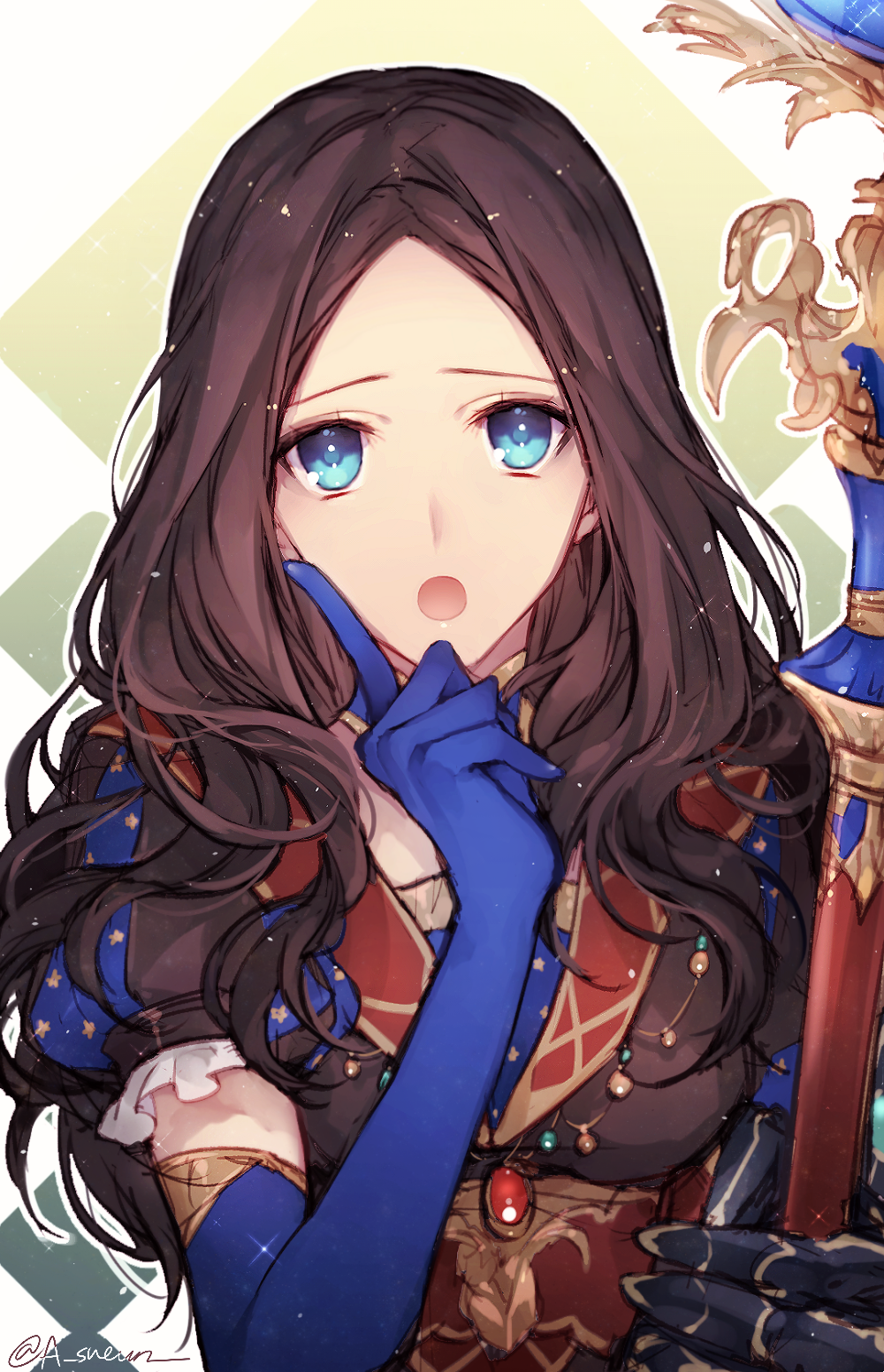 1girl :o black_hair blue_eyes blue_gloves fate/grand_order fate_(series) gloves highres holding holding_staff jewelry leonardo_da_vinci_(fate/grand_order) long_hair looking_at_viewer open_mouth solo staff twitter_username upper_body zelovel