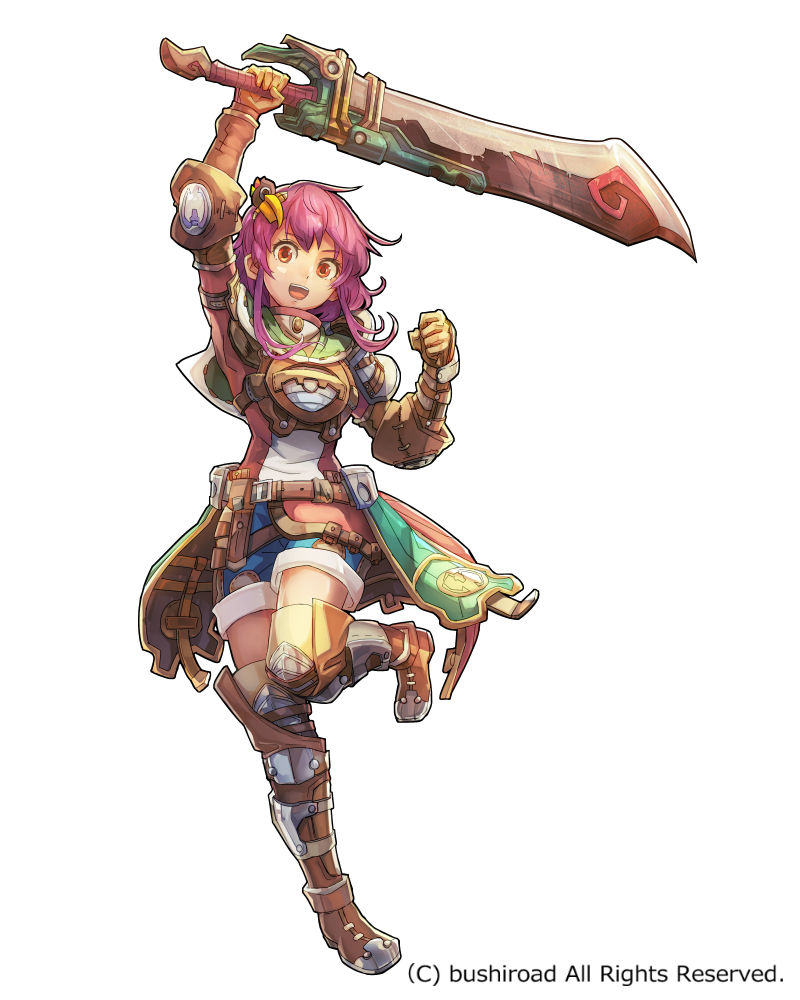 1girl arm_up belt blue_shorts bracer brown_footwear brown_gloves clenched_hand dress elbow_pads full_body geetgeet gloves granadia_saga greaves hair_ornament holding holding_sword holding_weapon looking_at_viewer medium_hair official_art pink_hair red_eyes shorts sidelocks solo standing standing_on_one_leg sword thigh-highs watermark weapon