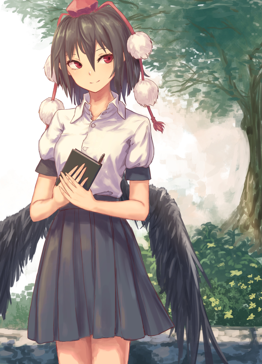 1girl bird_wings black_hair black_skirt blurry book breasts bush cowboy_shot day depth_of_field feathered_wings hair_between_eyes hands_together hat head_tilt holding holding_book looking_to_the_side notebook outdoors pen pleated_skirt pom_pom_(clothes) red_eyes roke_(taikodon) shameimaru_aya shirt short_hair short_sleeves side_glance skirt small_breasts smile solo standing stone_wall tokin_hat touhou tree wall white_shirt wings