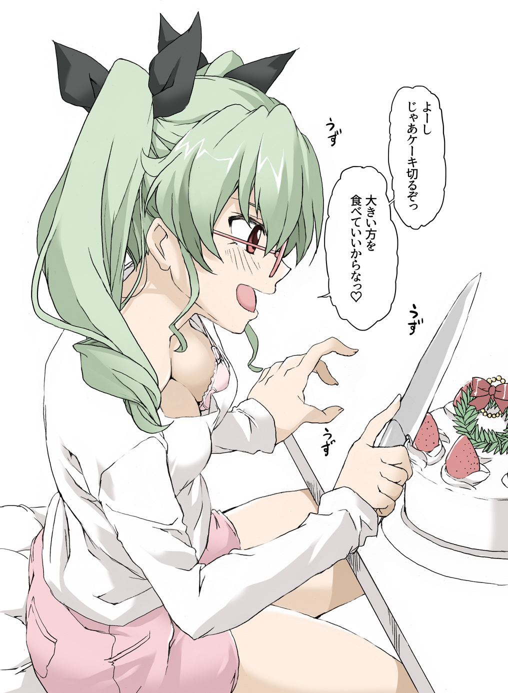 anchovy bespectacled black_ribbon bow bra breasts cake cleavage commentary_request drill_hair elf_(stroll_in_the_woods) food fruit girls_und_panzer glasses green_hair hair_ribbon highres holding holding_knife knife long_sleeves open_mouth pink-framed_eyewear pink_bra pink_shorts red_eyes ribbon shirt shorts sitting strap_gap strawberry translation_request twin_drills underwear white_shirt wreath