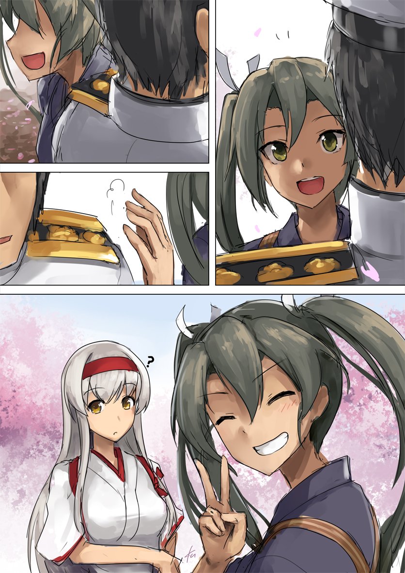 2girls ? admiral_(kantai_collection) black_hair blush breasts brown_eyes cherry_blossoms closed_eyes ebizome epaulettes eyebrows_visible_through_hair green_hair grey_hair grin hair_between_eyes hair_over_shoulder hair_ribbon hat headband japanese_clothes kantai_collection kimono military military_hat military_uniform multiple_girls naval_uniform open_mouth petals purple_kimono remodel_(kantai_collection) ribbon round_teeth shoukaku_(kantai_collection) sidelocks smile tasuki teeth tree twintails uniform upper_body v white_hair white_kimono white_ribbon zuikaku_(kantai_collection)