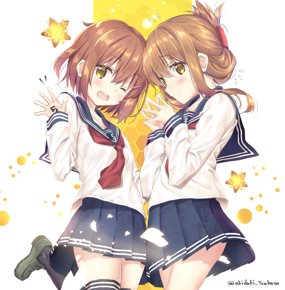 2girls ;d akitsuki_tsukasa anchor_symbol anniversary black_legwear black_sailor_collar black_skirt blush brown_eyes brown_hair cherry_blossoms commentary_request cowboy_shot folded_ponytail hair_ornament hairclip ikazuchi_(kantai_collection) inazuma_(kantai_collection) kantai_collection kneehighs loafers long_hair looking_at_viewer multiple_girls neckerchief one_eye_closed open_mouth petals pleated_skirt red_neckwear sailor_collar school_uniform serafuku shoes short_hair skirt smile star starry_background steepled_fingers teeth thigh-highs twitter_username two-tone_background