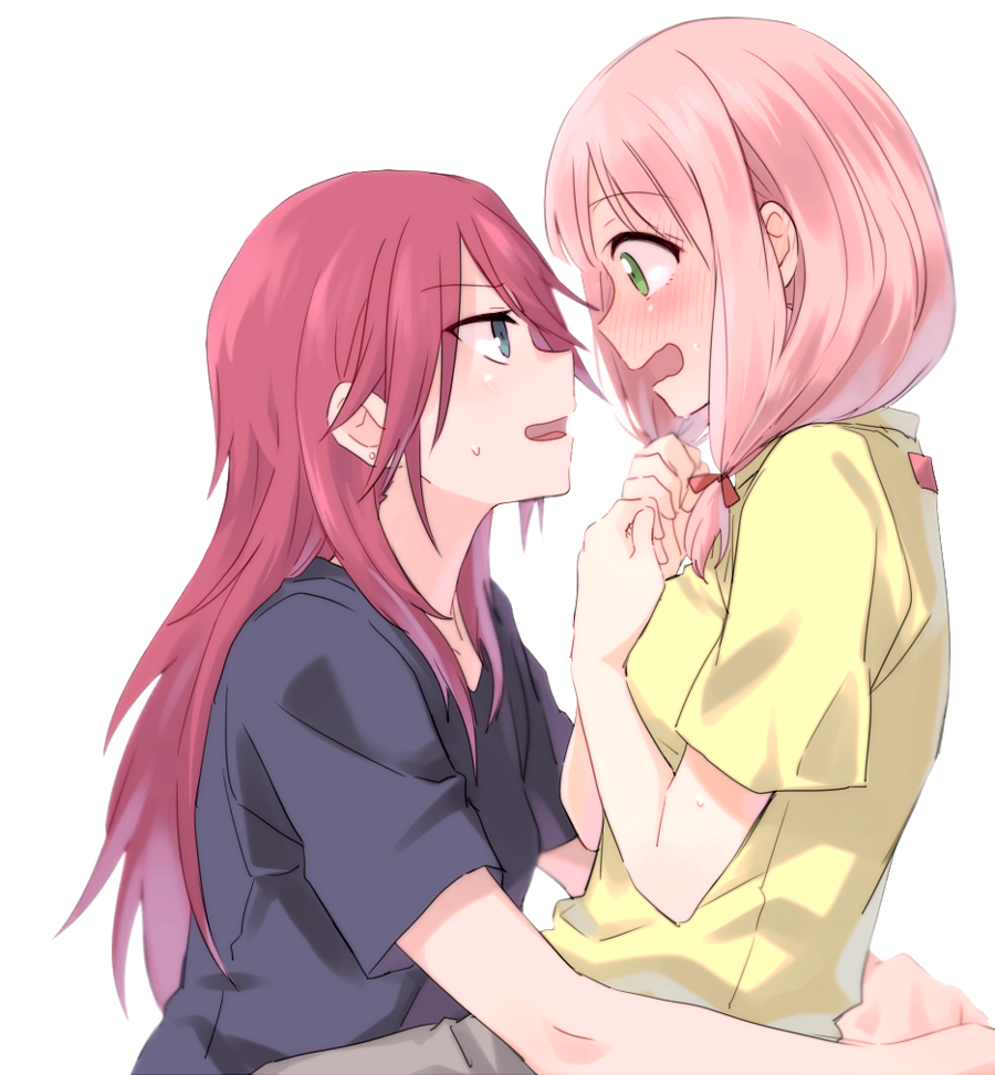 2girls bang_dream! blue_eyes blush bow earrings eye_contact face-to-face full-face_blush green_eyes hair_bow hair_over_shoulder hug jewelry long_hair looking_at_another low_twintails multiple_girls navy_blue_shirt open_mouth pink_hair re_ghotion red_bow redhead shirt short_sleeves simple_background smile sweatdrop twintails udagawa_tomoe uehara_himari v-shaped_eyebrows white_background yellow_shirt yuri