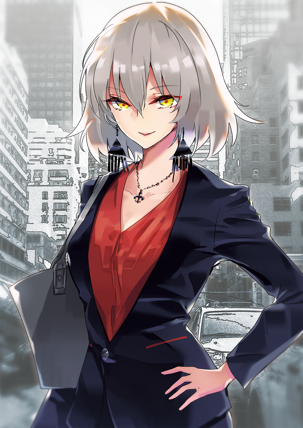 1girl alternate_costume bag bangs black_jacket blonde_hair building car city collarbone earrings eyebrows_visible_through_hair fate/apocrypha fate_(series) grey_hair ground_vehicle hand_on_hip highres jacket jeanne_d'arc_(alter)_(fate) jeanne_d'arc_(fate)_(all) jewelry long_sleeves monochrome_background motor_vehicle necklace outdoors parted_lips pendant red_shirt shirt short_hair shoulder_bag smile solo tsurukame upper_body v-neck