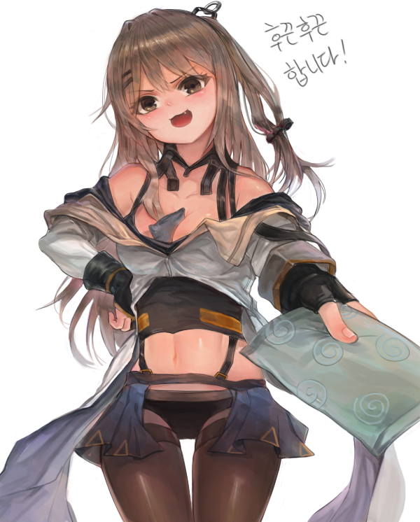 1girl :3 :d bangs bare_shoulders between_breasts black_gloves black_legwear black_panties breasts brown_eyes brown_hair cleavage collarbone commentary_request cowboy_shot dokomon dot_nose eyebrows_visible_through_hair fingerless_gloves furrowed_eyebrows girls_frontline gloves hair_ornament hairclip hand_on_hip head_tilt holding incoming_gift k-2_(girls_frontline) korean korean_commentary long_hair long_sleeves looking_at_viewer medium_breasts navel open_mouth outstretched_arm panties panties_under_pantyhose pantyhose pov shiny shiny_hair shiny_skin simple_background smile solo standing stomach thigh_gap thighband_pantyhose translation_request underwear v-shaped_eyebrows white_background