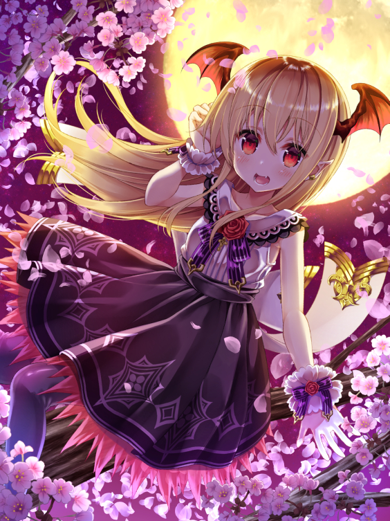 1girl arm_up bangs bat_wings black_legwear black_skirt blonde_hair collarbone commentary_request dosu_(yodosu) eyebrows_visible_through_hair flower full_moon hair_between_eyes head_wings long_hair moon night night_sky outdoors pantyhose pink_flower red_eyes red_flower red_rose red_wings rose shadowverse shingeki_no_bahamut shirt sitting skirt sky sleeveless sleeveless_shirt solo tree_branch vampy very_long_hair white_shirt wings wrist_cuffs