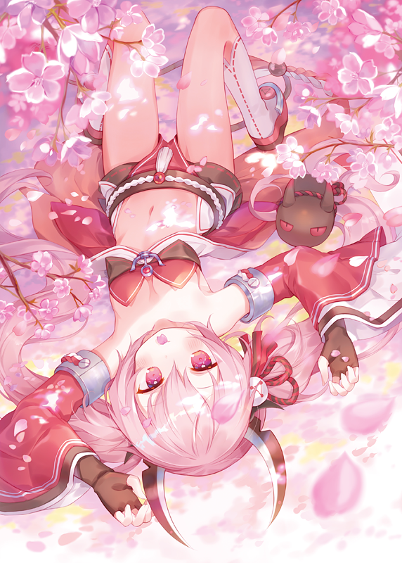 1girl azur_lane bangs bare_shoulders black_gloves blush boots breasts commentary_request detached_sleeves eyebrows_visible_through_hair fingerless_gloves from_above gloves hair_between_eyes hamakaze_(azur_lane) headgear ibara_riato knee_boots long_hair long_sleeves looking_at_viewer lying midriff navel on_back open_mouth petals pink_eyes pink_hair small_breasts solo twintails very_long_hair white_footwear wide_sleeves