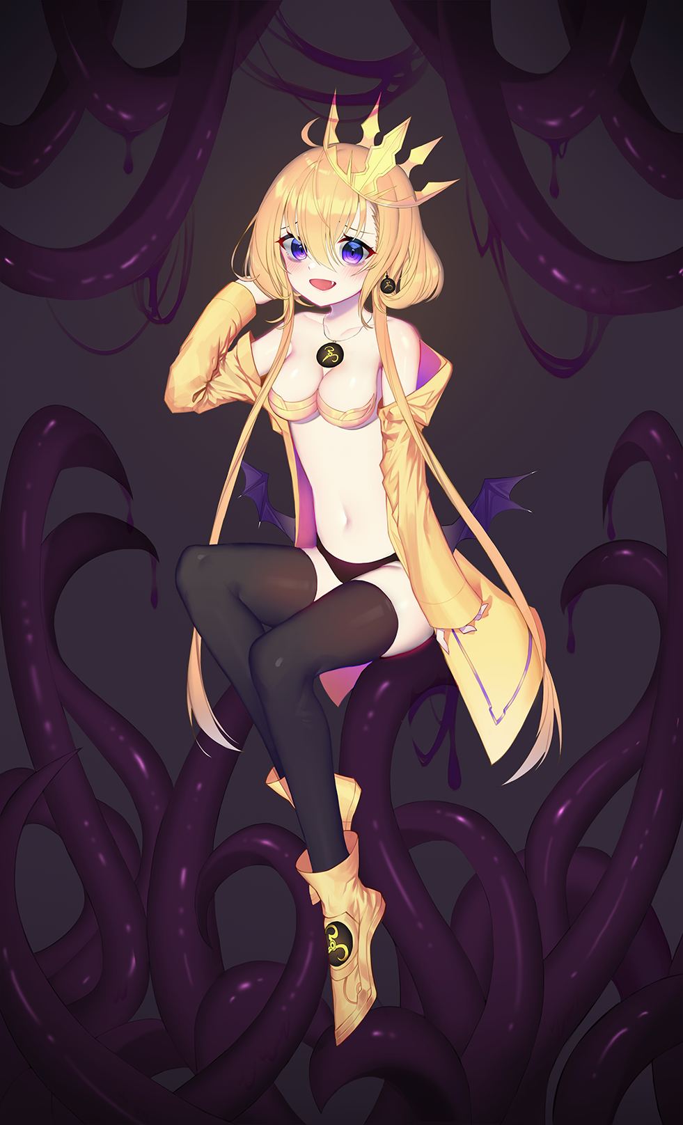 1girl bikini_bottom blonde_hair blush breasts cleavage crown cthulhu_mythos earrings fang genderswap genderswap_(mtf) grey_background hastur highres jacket jewelry king_in_yellow looking_at_viewer medium_breasts necklace off_shoulder open_clothes open_jacket open_mouth revealing_clothes short_hair_with_long_locks sitting solo tentacle thigh-highs tttanggvl violet_eyes wings