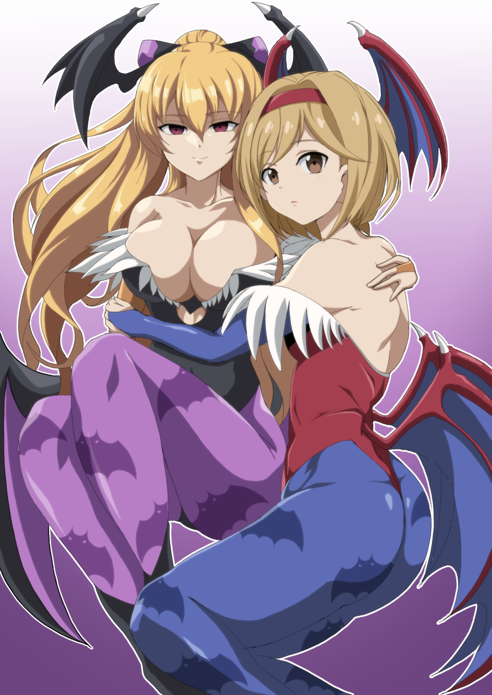 2girls :o animal_print ass back bare_back bare_shoulders bat_print bat_wings black_leotard blonde_hair blue_legwear breasts bridal_gauntlets brown_eyes c: capcom cleavage closed_mouth collarbone commentary_request cosplay demon_girl demon_wings djeeta_(granblue_fantasy) empty_eyes female gradient gradient_background granblue_fantasy hairband head_wings heart_cutout highleg highleg_leotard highres hug kairi_(fotune) large_breasts leotard lilith_aensland lilith_aensland_(cosplay) long_hair looking_at_viewer looking_back low_wings morrigan_aensland morrigan_aensland_(cosplay) multiple_girls neck open_mouth orange_eyes pantyhose ponytail print_legwear purple_background purple_legwear red_eyes red_leotard short_hair small_breasts thong_leotard vampire_(game) vira vira_lilie wings