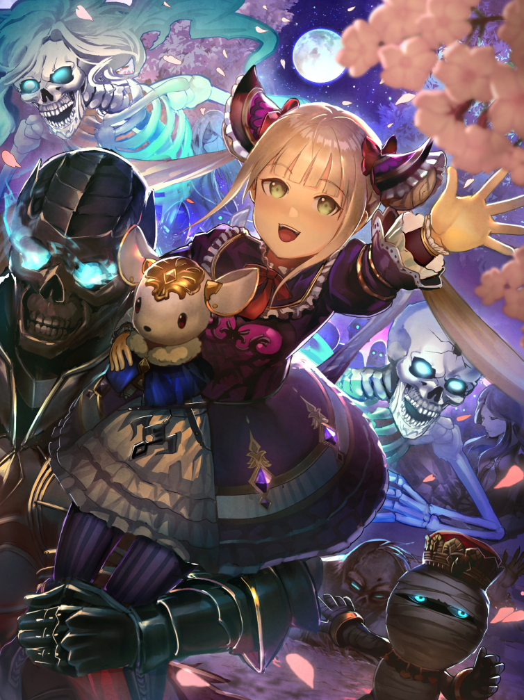 1girl :d bangs blonde_hair blurry blurry_foreground brown_eyes commentary_request crown depth_of_field double_bun dress dutch_angle eyebrows_visible_through_hair flower full_moon gauntlets glowing glowing_eyes isaroishin juliet_sleeves light_brown_hair long_hair long_sleeves looking_at_viewer luna_(shadowverse) moon mordecai_the_duelist mummy night night_sky object_hug open_mouth outdoors outstretched_arm petals pink_flower puffy_sleeves purple_dress shadowverse side_bun sidelocks sitting_on_shoulder skeleton sky smile solo star_(sky) starry_sky stuffed_animal stuffed_toy twintails upper_teeth very_long_hair