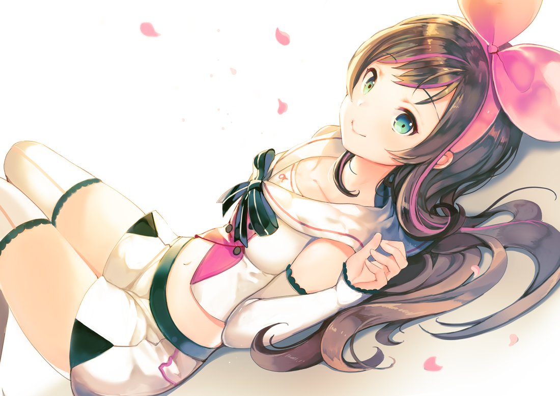 1girl a.i._channel bangs black_bow blush bow breasts brown_hair closed_mouth collarbone commentary_request detached_sleeves dutch_angle eyebrows_visible_through_hair green_eyes hair_ribbon hairband hand_up kizuna_ai long_hair long_sleeves looking_at_viewer looking_to_the_side lying medium_breasts midriff multicolored_hair navel on_back petals pink_hair pink_hairband pink_ribbon ribbon sailor_collar sailor_shirt shirt short_shorts shorts sibyl sleeveless sleeveless_shirt sleeves_past_wrists smile solo streaked_hair striped striped_bow thigh-highs very_long_hair virtual_youtuber white_background white_legwear white_sailor_collar white_shirt white_shorts