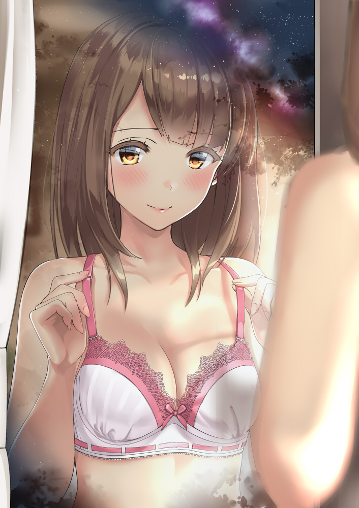 1girl bangs blurry blush bra breasts brown_eyes brown_hair closed_mouth curtains depth_of_field eyebrows_visible_through_hair hands_up indoors kinugasa_yuuichi lace_trim lips mirror night original reflection small_breasts smile solo underwear white_bra