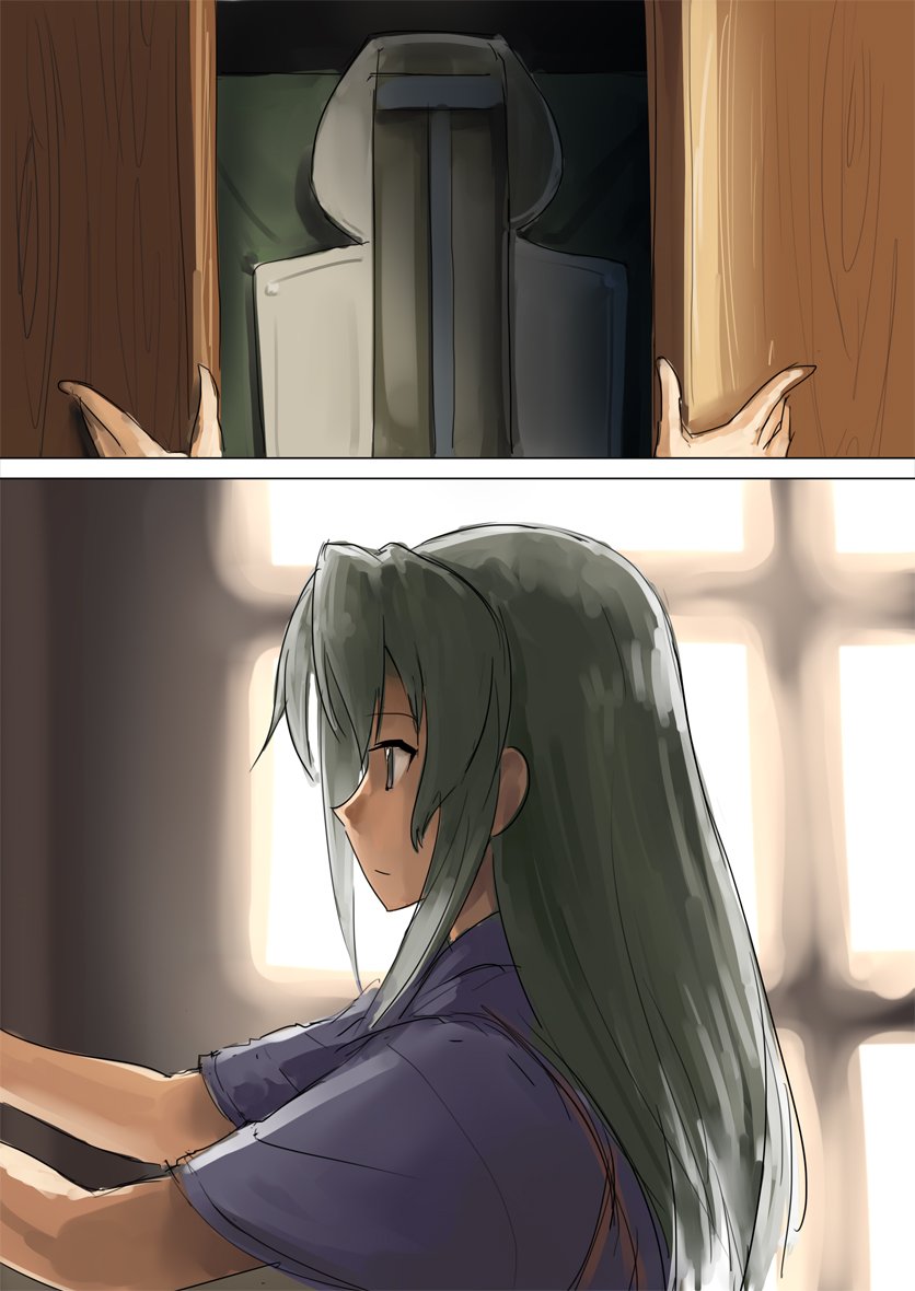 1girl closed_mouth ebizome from_side green_eyes green_hair grey_hair indoors japanese_clothes jinbaori kantai_collection kimono long_hair purple_kimono remodel_(kantai_collection) sidelocks solo tasuki upper_body window zuikaku_(kantai_collection)