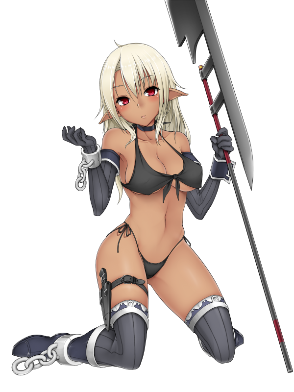 1girl asymmetrical_bangs bangs bikini black_bikini black_gloves black_legwear blonde_hair breasts choker cleavage crop_top cuffs dark_elf dark_skin elbow_gloves elf front-tie_top gloves halberd holding holding_weapon holster kneeling large_breasts long_hair looking_at_viewer moshi_(atelier33-4) navel original pointy_ears polearm red_eyes ribbed_gloves ribbed_legwear shackles side-tie_bikini simple_background skindentation solo swimsuit thigh-highs thigh_holster under_boob weapon white_background