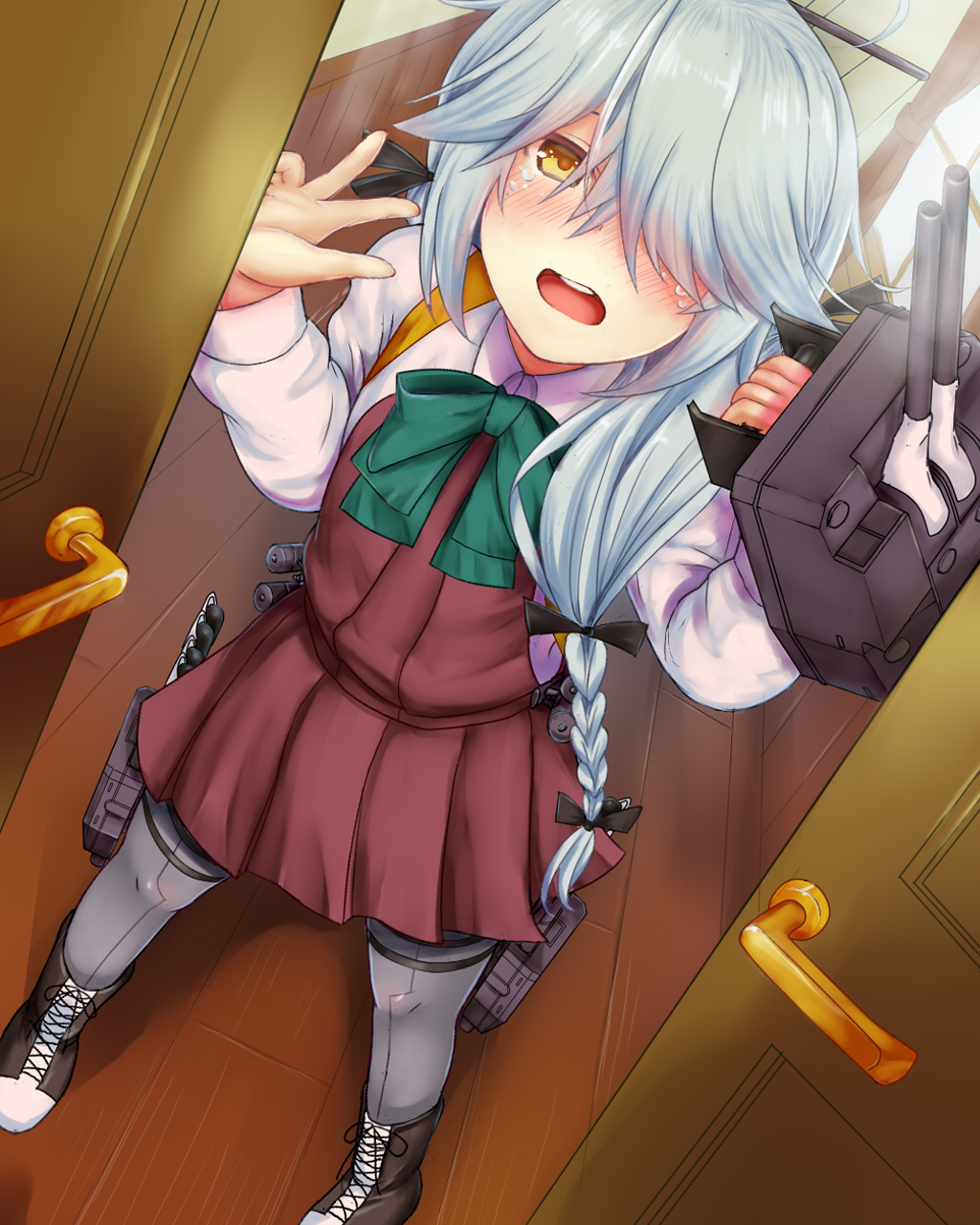 1girl ahoge bangs black_ribbon blush bow bowtie braid brown_eyes cannon collared_shirt day door dress em_s embarrassed grey_hair hair_over_eyes hair_over_one_eye hair_ribbon hallway hamanami_(kantai_collection) highres holding holding_weapon kantai_collection long_hair long_sleeves machinery open_door open_mouth pantyhose ribbon rigging school_uniform shirt sidelocks single_braid sleeveless solo tearing_up thigh_strap torpedo_launcher turrets w weapon white_shirt
